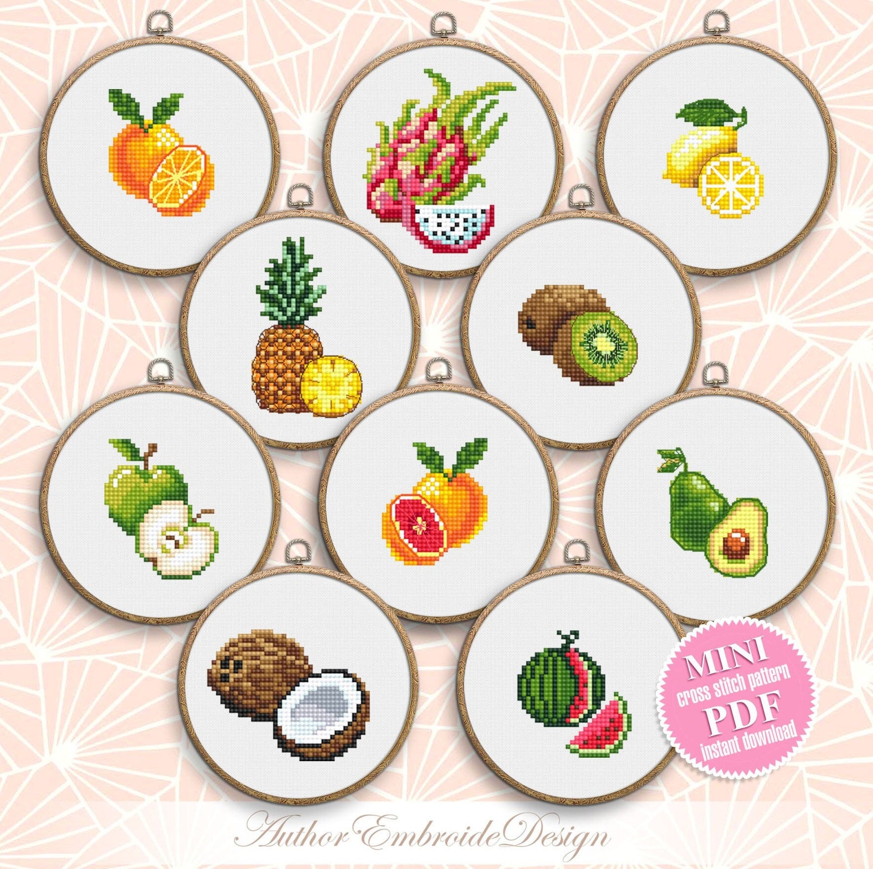 Mini Fruit Cross Stitch Pattern PDF Download Set of 10 Fruits