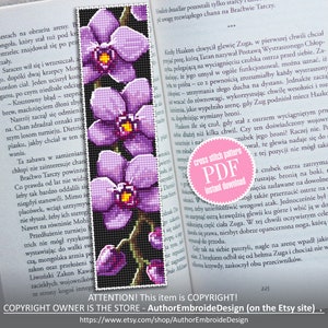 Flower bookmark orchid cross stitch pattern download PDF Modern handmade bookmark digital PDF Purple orchid gifts Bookmarks for women #B61