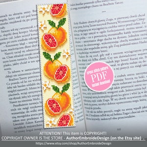 Bookmark grapefruit cross stitch pattern download PDF Tropical fruit cross stitch chart, Digital bookmark pattern PDF, Book lover gift #B144