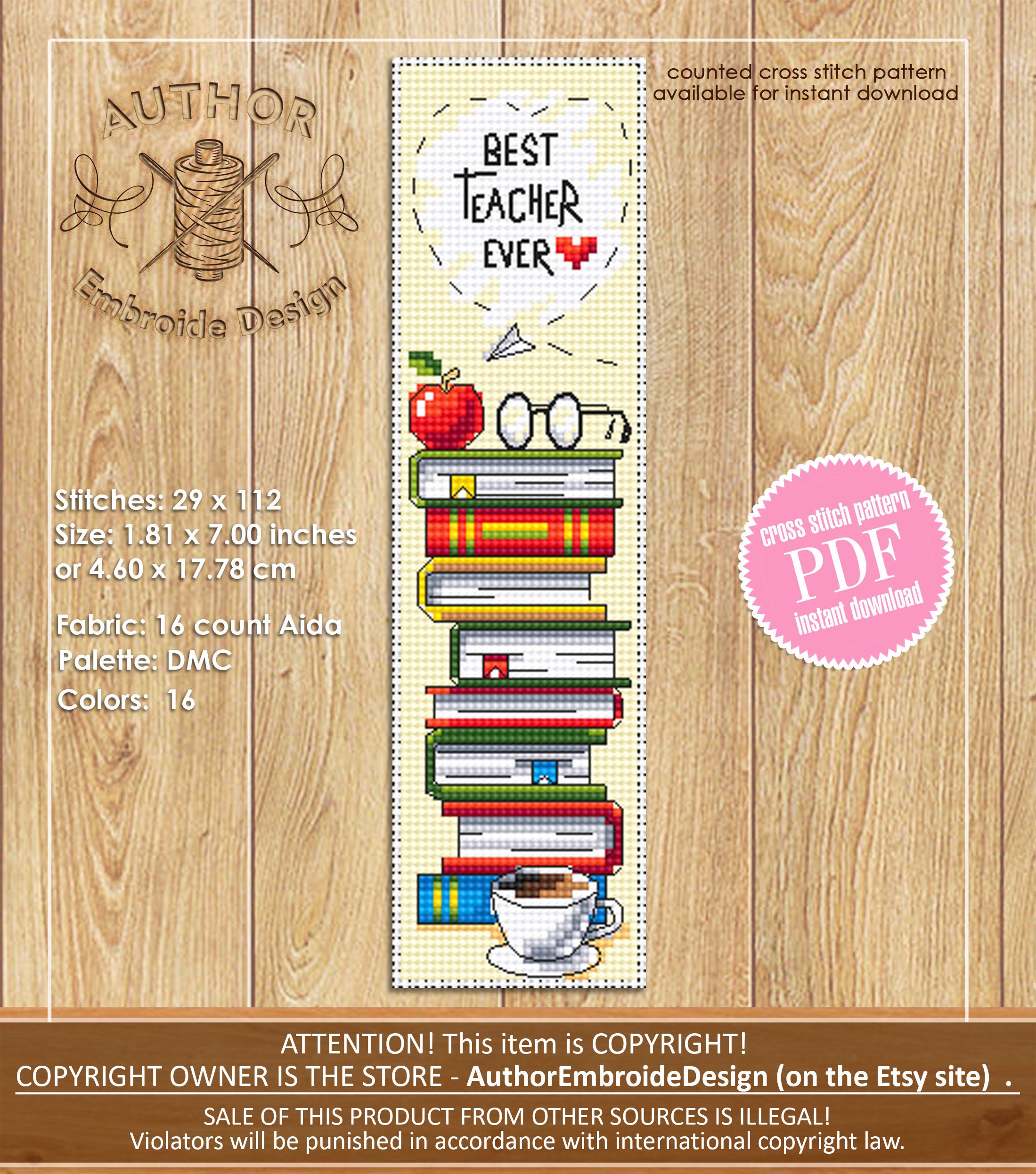 Teacher Bookmark Cross Stitch Pattern PDF Download Best Teacher Ever ...