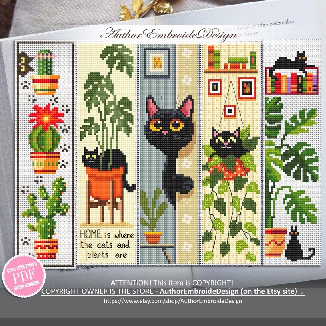 Cat and Plants Bookmark Set Cross Stitch Pattern PDF Instant Download ...