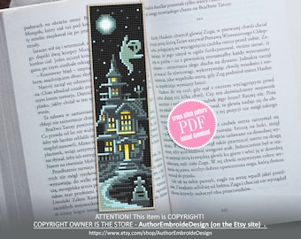 Halloween bokmärke korsstygnsmönster PDF-nedladdning Spökhus korsstygnsdiagram, Handgjort bokmärkesmönster digitalt, Läskigt spöke #B217
