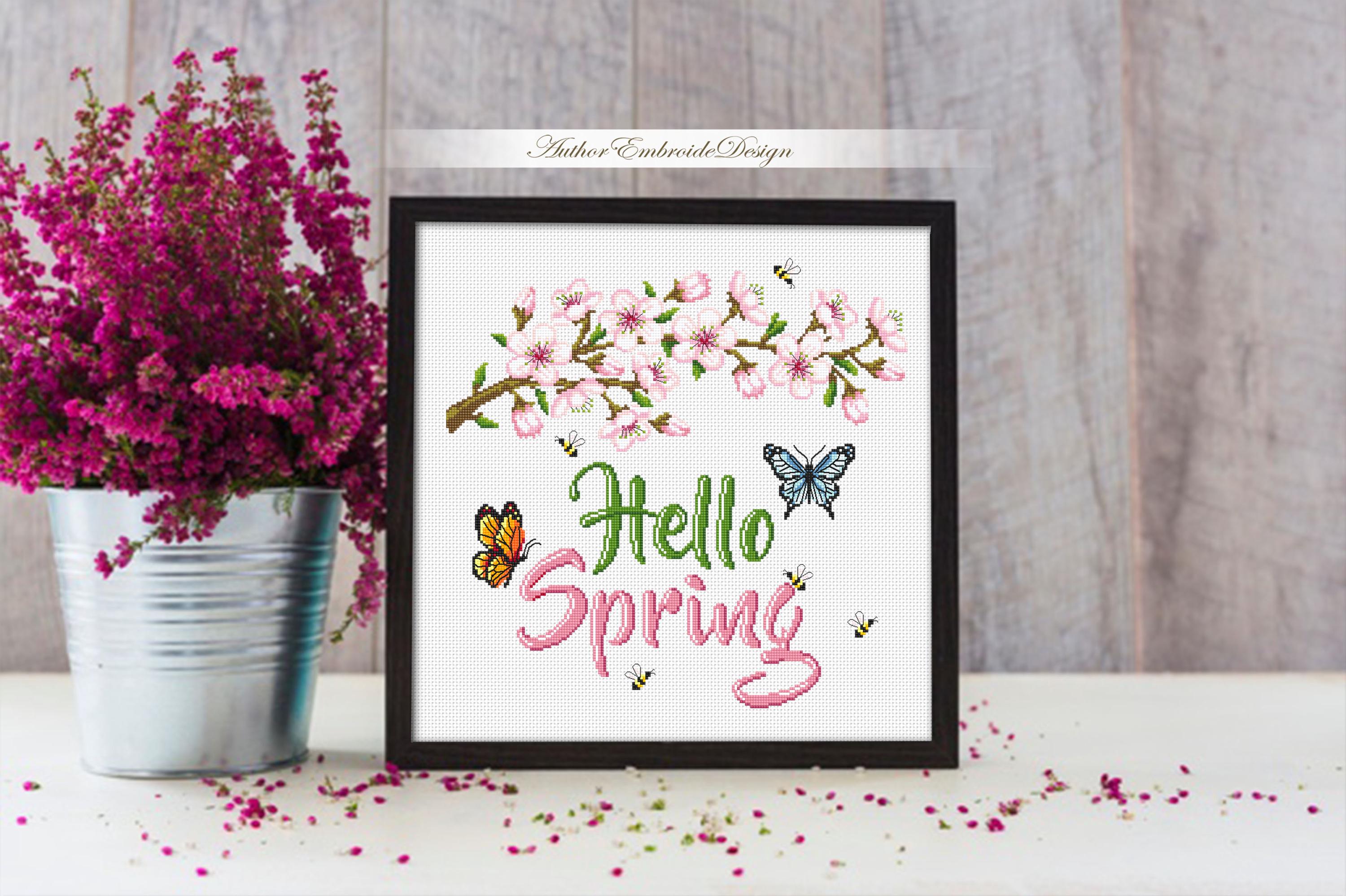 Hello Spring Cross Stitch Pattern PDF Download Cherry Blossom Cross ...