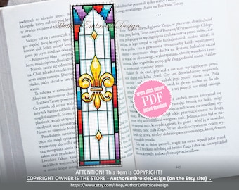 Stained glass bookmark cross stitch pattern PDF download Stained glass flower cross stitch, Fleur de lis Bookmark pattern digital PDF #B299