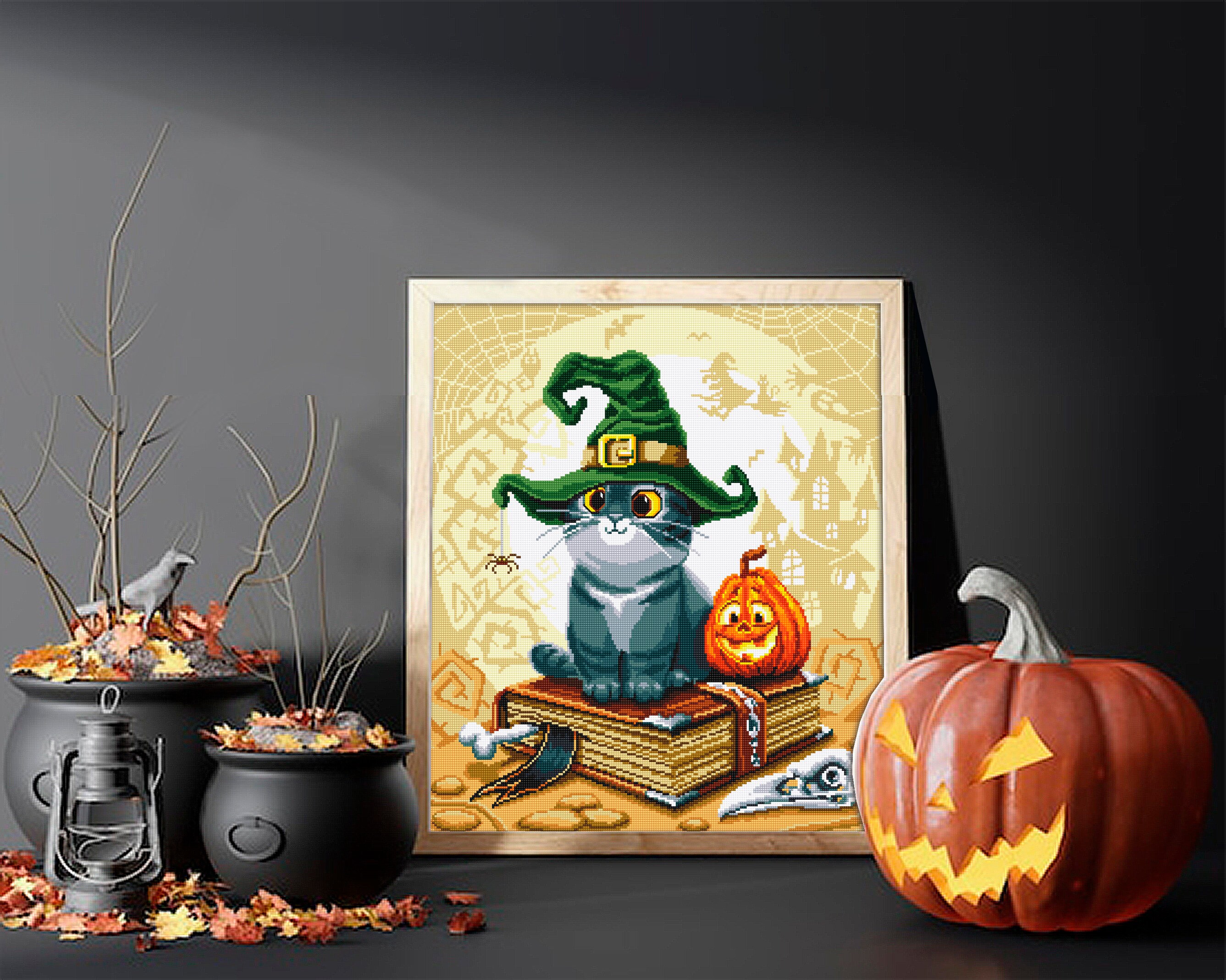 Halloween Witch Cat Cross Stitch Pattern PDF Download Cute