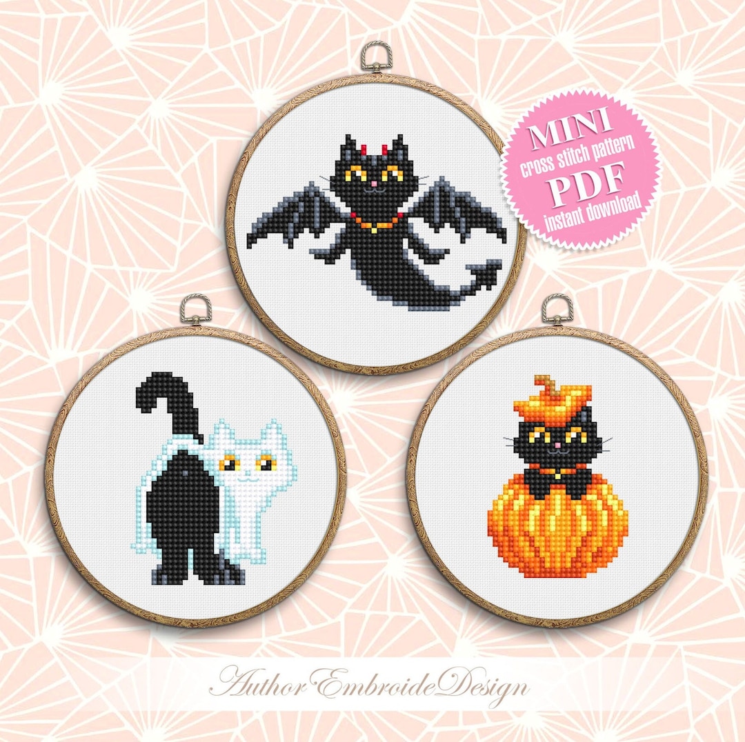 Set Halloween Cats Cross Stitch Pattern PDF Download Cute Black Cat ...