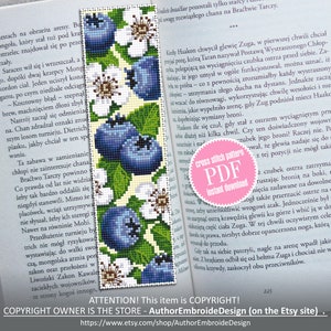 Blueberry bookmark cross stitch pattern download PDF Blue berries cross stitch chart, Digital bookmark fruit, Floral bookmark pattern #B152