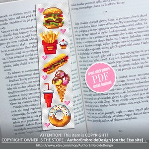 Fast food bookmark cross stitch pattern download PDF Simple handmade bookmark digital PDF, Food cross stitch chart, Small hamburger #B106