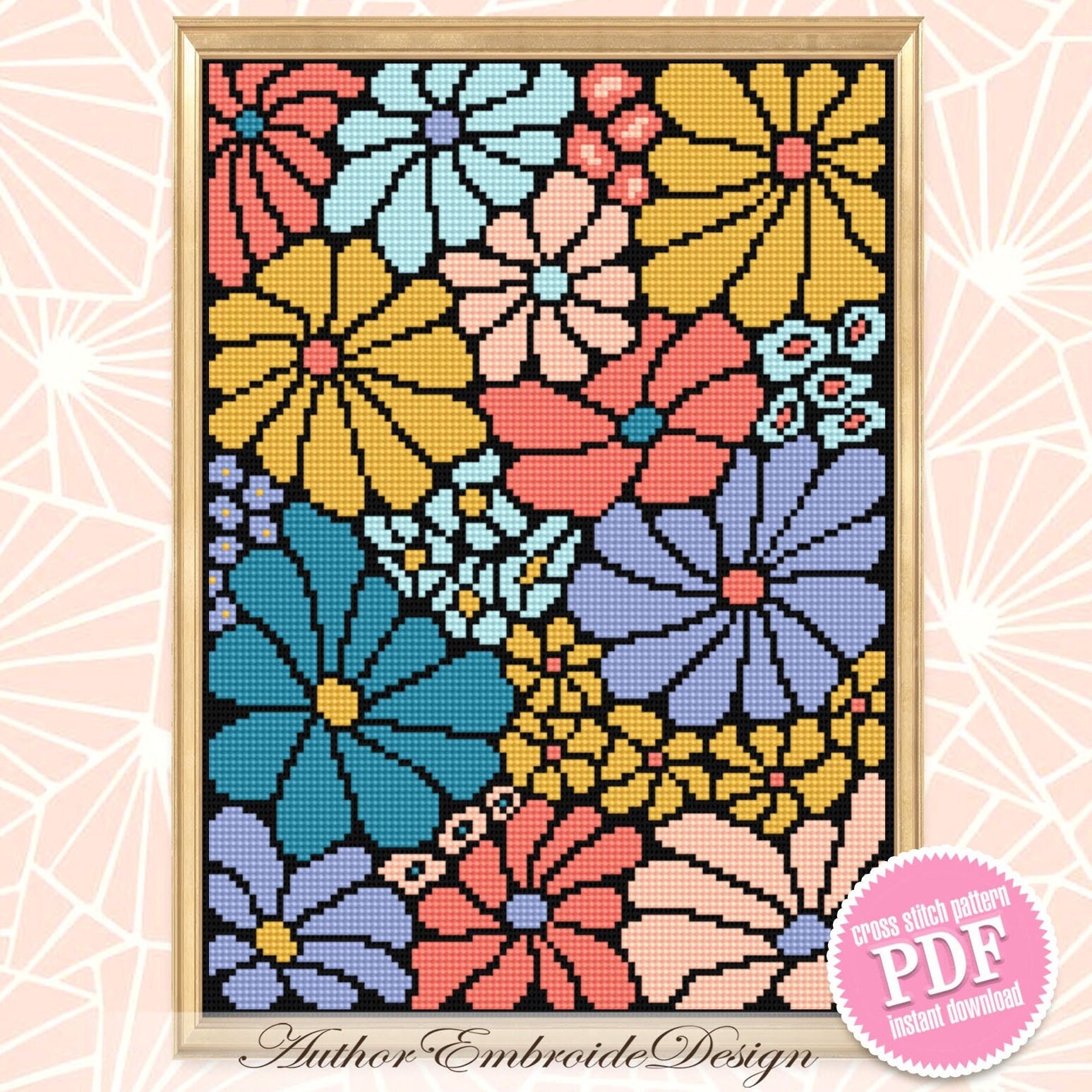 Abstract Flowers Cross Stitch Pattern PDF Download Boho Floral