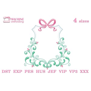 Frame floral crest embroidery design Machine embroidery pattern 4 size, Bow and scroll floral for baby monogram frame embroidery files #R42