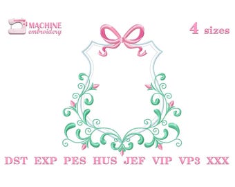 Broderidesign med blommigt vapensköld i ram Maskinbroderimönster i storlek 4, rosett och rullblommor för babymonogramrambroderifiler #R42