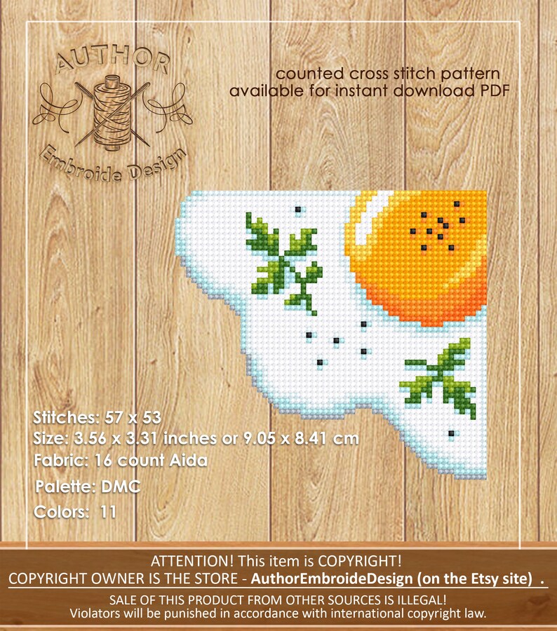 May include: Counted cross stitch pattern of a fried egg with parsley, available for instant download as a PDF. The pattern is 57 stitches wide by 53 stitches high, and measures 3.56 inches by 3.31 inches. The pattern uses 16 count Aida fabric and DMC floss in 11 colors.