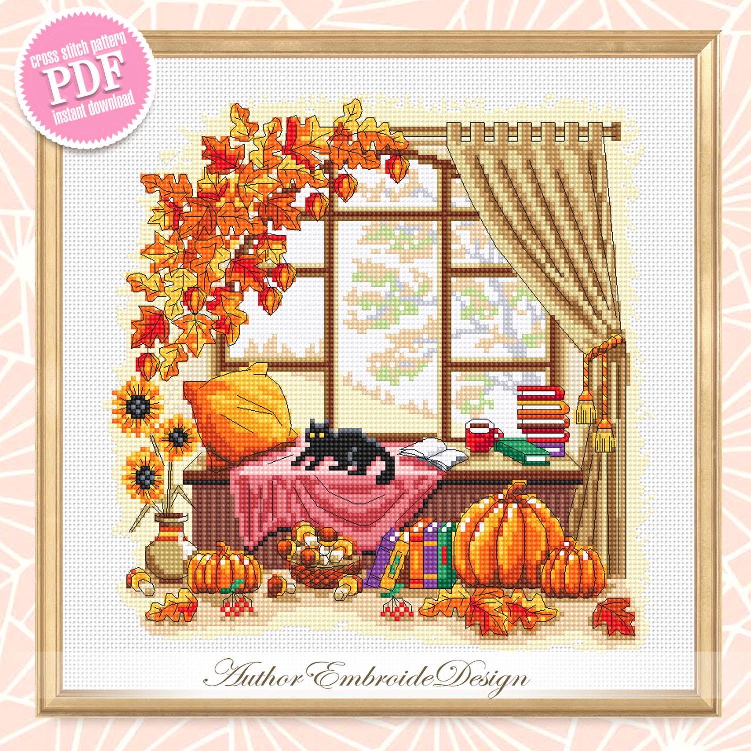 Autumn Window Cross Stitch Pattern PDF Download Fall Cross Stitch Chart ...