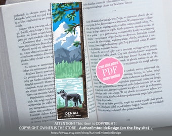 Denali National park bookmark cross stitch pattern PDF download Nature cross stitch chart, Wolf digital bookmark pattern PDF Mountains #B187