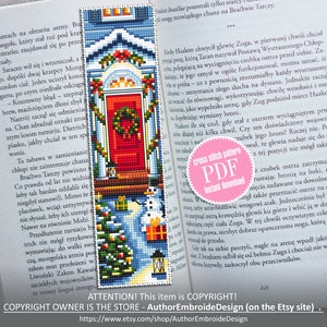 Christmas bookmark cross stitch pattern download PDF Christmas house cross stitch chart, Holiday handmade bookmark, Red door embroidery #B91