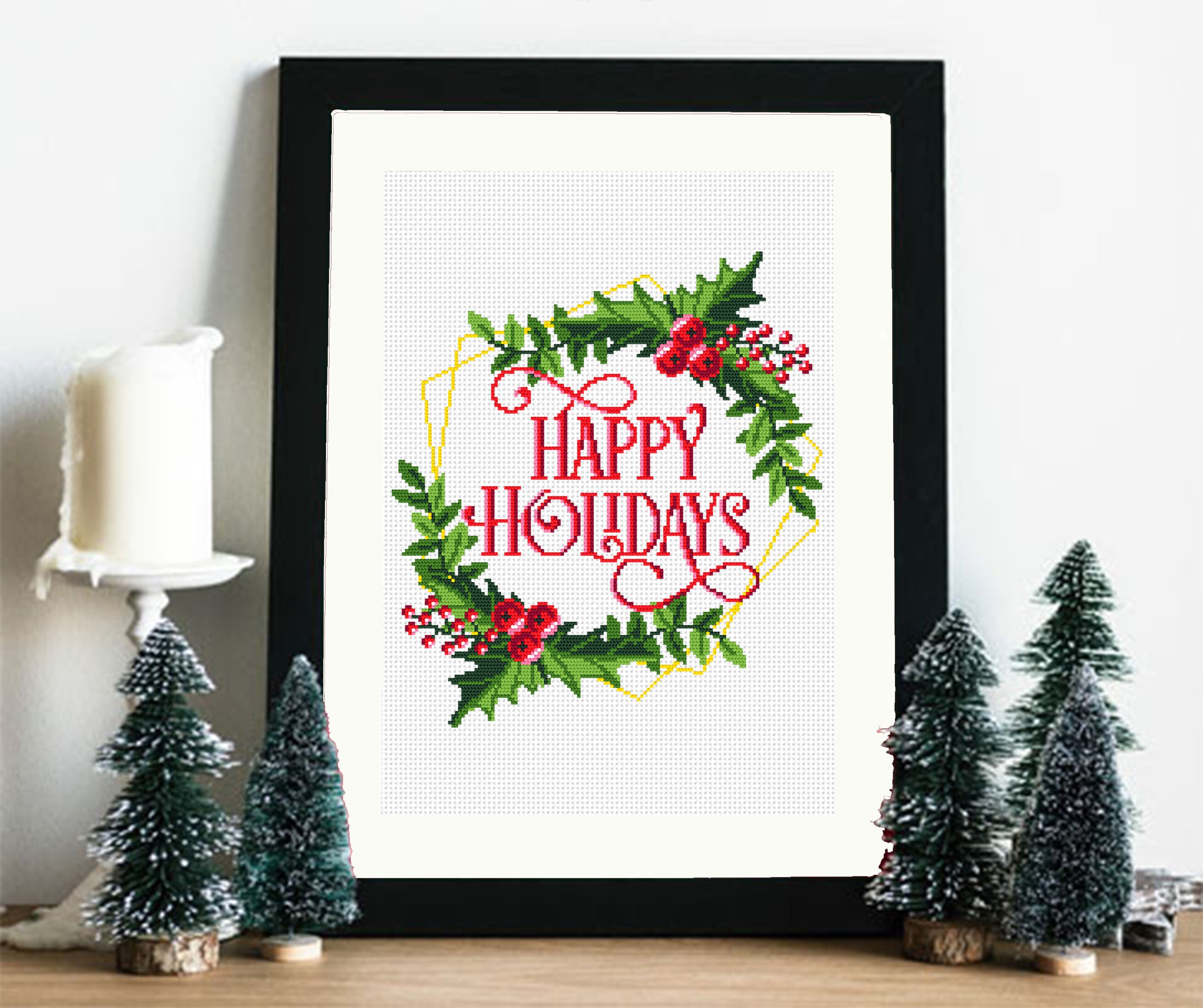 Christmas Holly Berry Wreath Cross Stitch Pattern PDF Happy