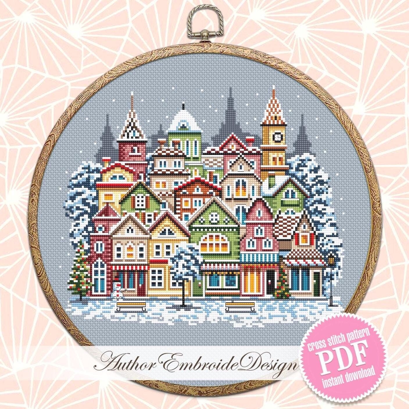 Christmas houses cross stitch pattern PDF download Winter cross stitch chart, Christmas city pattern digital PDF, Urban landscape #N144