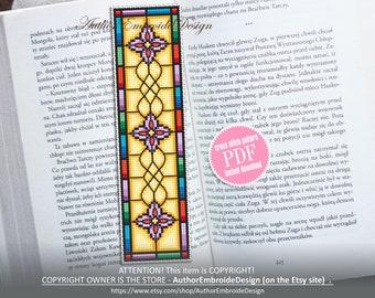 Stained glass bookmark cross stitch pattern PDF download Stained glass flower cross stitch chart, Modern bookmark pattern digital PDF #B298