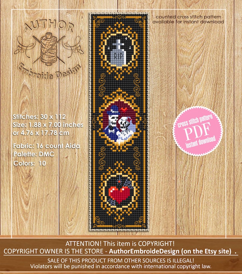 May include: A counted cross stitch pattern featuring a couple in a gothic wedding theme. The pattern includes a tombstone, a heart with a spider web, and a gold frame. The pattern is available as a PDF instant download. The text "AUTHOR Embroide Design" is at the top of the image. The text "ATTENTION! This item is COPYRIGHT! COPYRIGHT OWNER IS THE STORE - AuthorEmbroideDesign (on the Etsy site) - SALE OF THIS PRODUCT FROM OTHER SOURCES IS ILLEGAL! Violators will be punished in accordance with international copyright law." is at the bottom of the image.