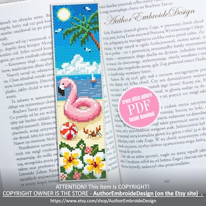 May include: A cross stitch pattern for a bookmark featuring a pink flamingo on a beach with a palm tree, a beach ball, and flowers. The pattern is available as a PDF download. The text "Cross Stitch Pattern PDF Instant Download" is on a pink circle.