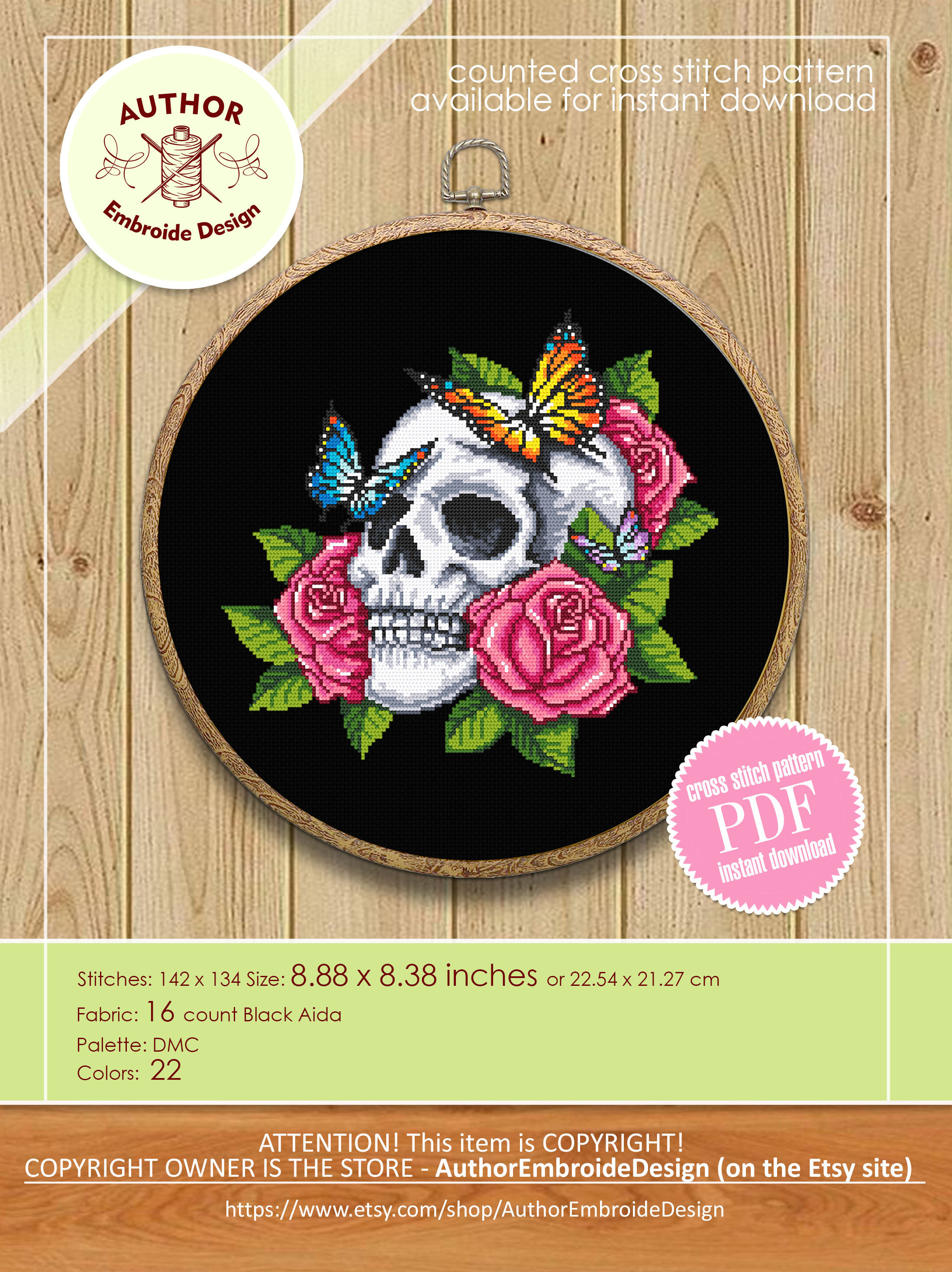 Human Skull With Flowers Cross Stitch Pattern PDF Download Gothic Cross ...
