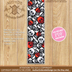 May include: A counted cross stitch pattern featuring a repeating design of red and white skulls on a black background. The pattern is available for instant download as a PDF file. The pattern is 1.81 inches wide by 7 inches tall, or 4.6 centimeters wide by 17.78 centimeters tall. The pattern requires 16 count Aida fabric and 7 colors of DMC floss.