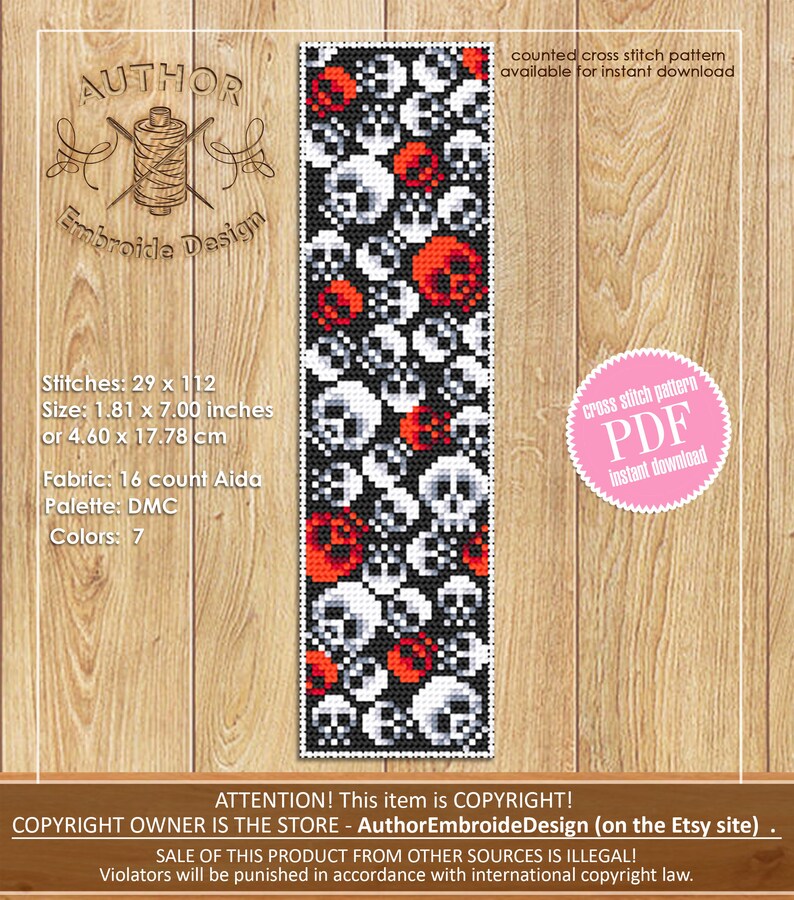 May include: A counted cross stitch pattern featuring a repeating design of red and white skulls on a black background. The pattern is available for instant download as a PDF file. The pattern is 1.81 inches wide by 7 inches tall, or 4.6 centimeters wide by 17.78 centimeters tall. The pattern requires 16 count Aida fabric and 7 colors of DMC floss.