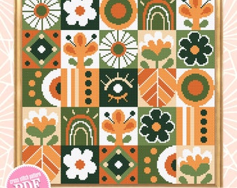 Floral boho cross stitch pattern PDF download Scandinavian folk cross stitch chart for beginner, Abstract flowers pattern digital PDF #O11