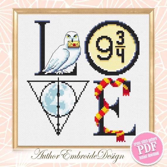 Wizard Love cross stitch pattern PDF download Wizard school cross stitch chart, Magic pattern digital PDF, Magic wand, Letter owl #O14