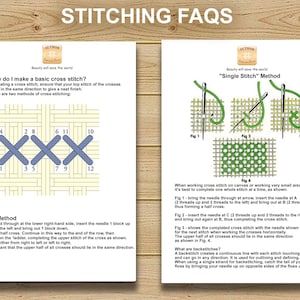 May include: Two white pages with cross-stitch instructions and diagrams. The top of the pages reads "STITCHING FAQS". One page shows the "Ladder" method, and the other shows the "Single Stitch" method. The pages are on a wooden surface.
