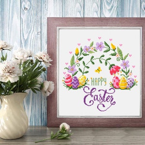Happy Easter Cross Stitch Pattern PDF Floral Rainbow Cross Stitch Chart ...