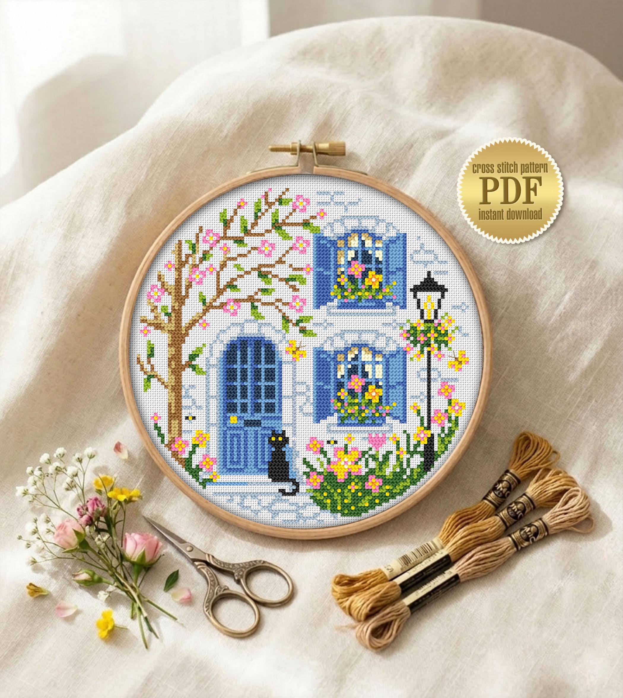Spring House Cross Stitch Pattern PDF, Blue Door and Black Cat