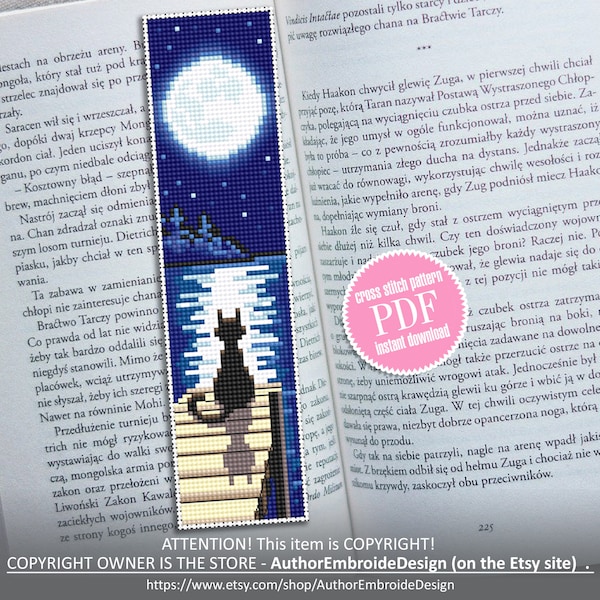 Lesezeichen Kreuzstichvorlage Download PDF Modernes handgemachtes Lesezeichen digital Niedliche schwarze Katze Stickvorlage Mond Kreuzstichvorlage #B60