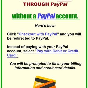May include: Illustration showing how to pay for a purchase by card through PayPal without a PayPal account. The image shows two credit cards and text explaining the process.
