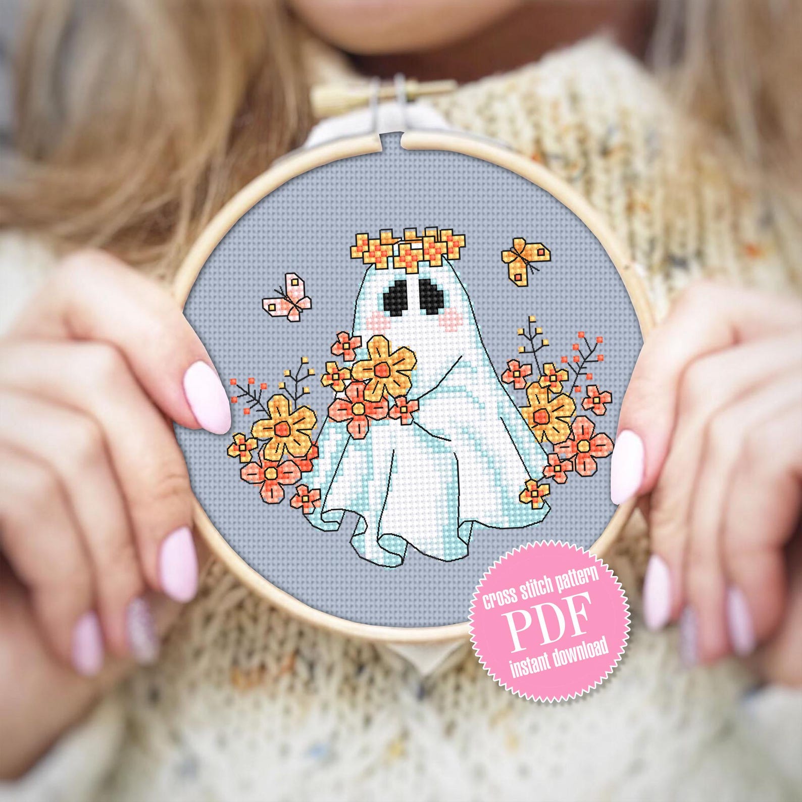 Floral Ghost Cross Stitch Pattern PDF Download Cute Halloween Cross ...