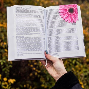 Puede incluir: Un libro abierto con texto, sostenido por una persona. Un marcap&aacute;ginas en forma de margarita rosa se inserta entre las p&aacute;ginas. El fondo est&aacute; borroso con follaje verde y amarillo.