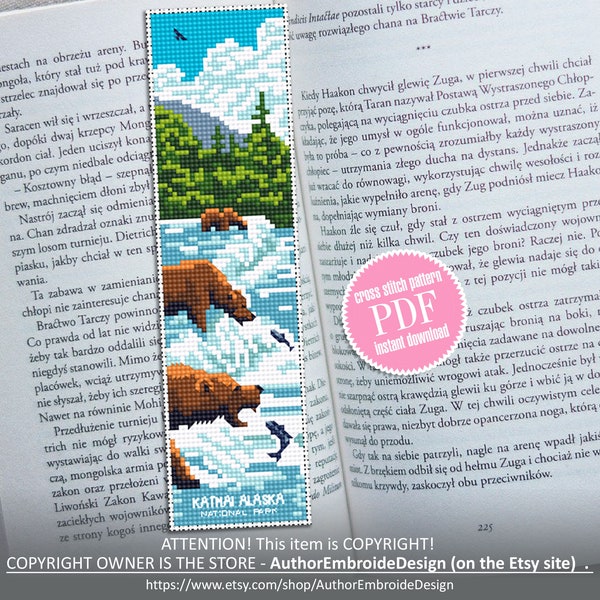 Katmai national park bookmark cross stitch pattern PDF download Nature cross stitch chart, Digital bookmark pattern, Bear cross stitch #B186