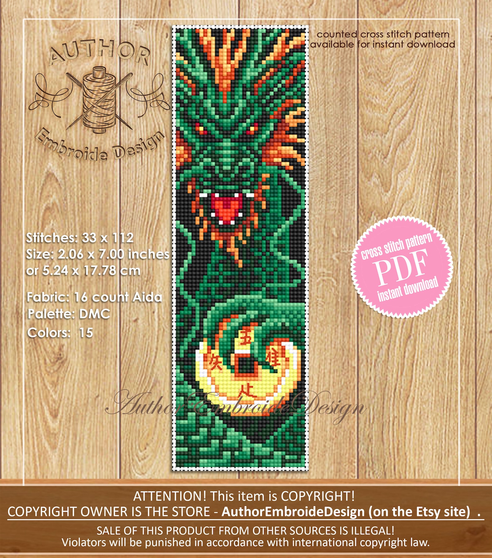 Dragon Bookmark Cross Stitch Pattern PDF Download Fantasy Green Dragon ...