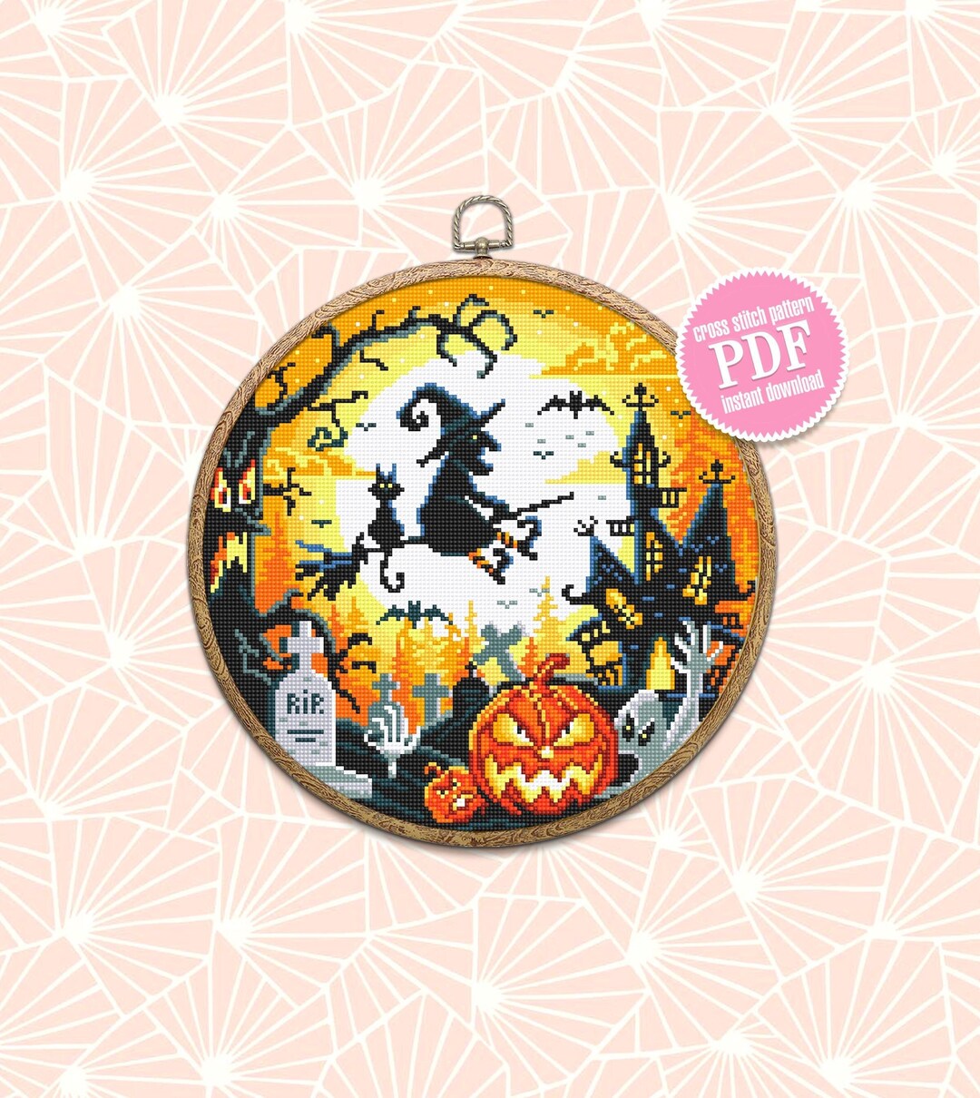 Halloween Cross Stitch Pattern Download PDF Halloween Moon - Etsy