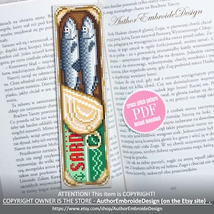 May include: A cross stitch pattern for a bookmark featuring a can of sardines with two fish inside. The pattern is in PDF format and is available for instant download. The text "SARD" is visible on the can.