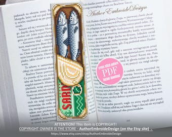 Sardine bookmark cross stitch pattern PDF download Canned sardines cross stitch chart, Funny bookmark pattern digital PDF, Small fish #B437