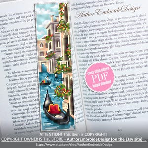 May include: Cross-stitch bookmark featuring a detailed Venetian canal scene with a gondola, buildings, and flowers. The bookmark is a PDF instant download. The text on the bookmark says "Author Embroide Design".