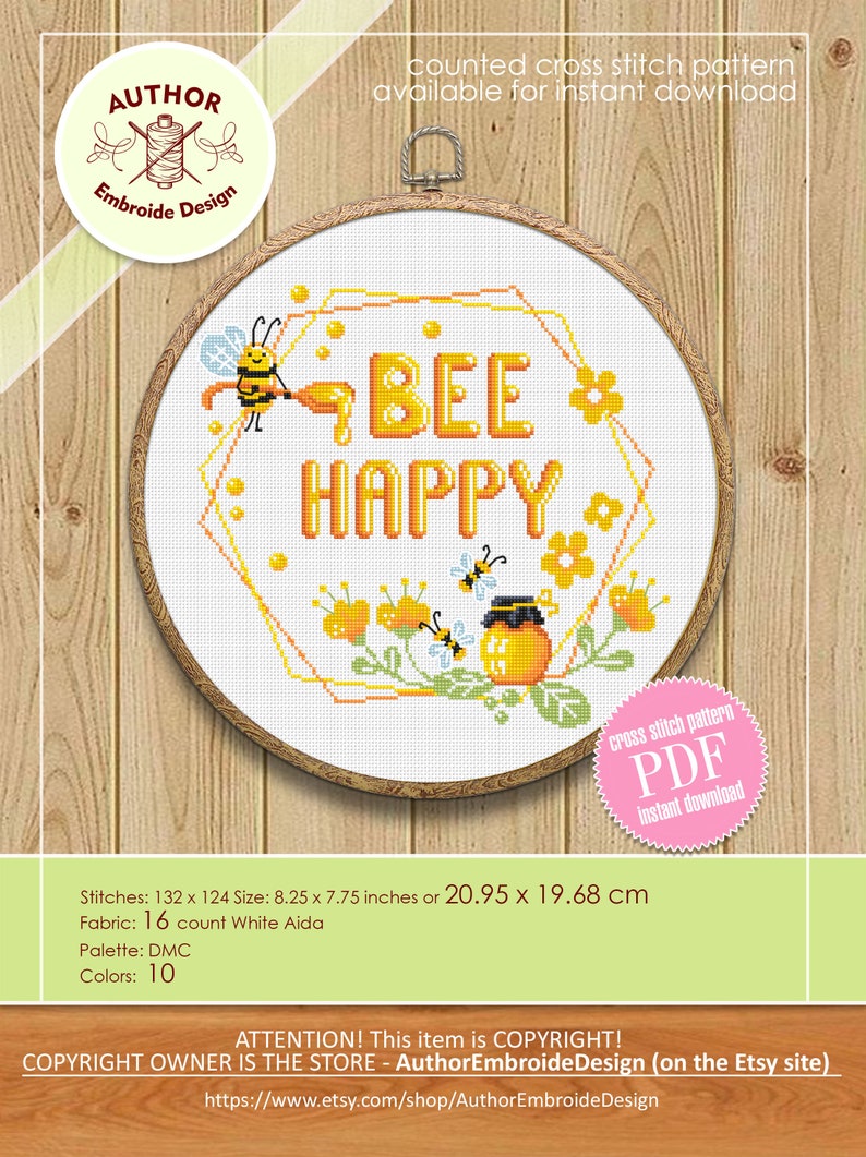 Honey Bee Cross Stitch Digital PDF Pattern Bee Happy Cross Stitch Quote ...