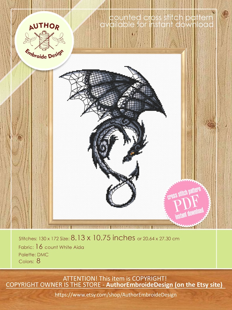 Dragon set cross stitch pattern download PDF Fantasy animal cross stitch chart, Dragon embroidery PDF, Blackwork patterns, Dragon art D13 image 3