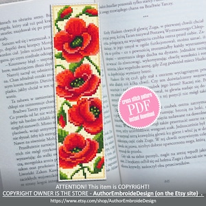Flower bookmark poppies cross stitch pattern download PDF Modern handmade bookmark digital PDF, Red poppy flower cross stitch chart #B193