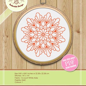 May include: A digital cross stitch pattern of an orange mandala design. The pattern is 8.81 inches by 8.81 inches and uses 141 stitches by 141 stitches. The pattern is available for instant download as a PDF.