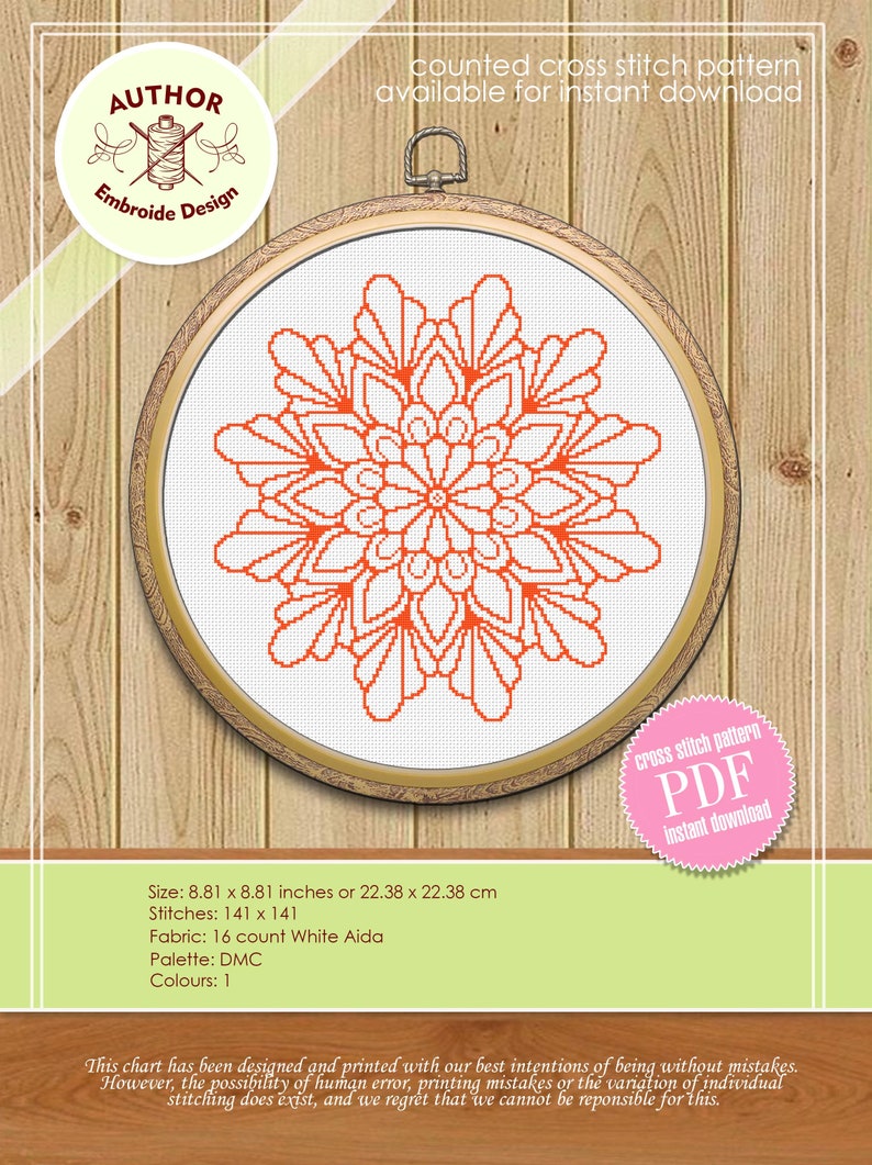 May include: A digital cross stitch pattern of an orange mandala design. The pattern is 8.81 inches by 8.81 inches and uses 141 stitches by 141 stitches. The pattern is available for instant download as a PDF.