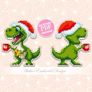 Funny dinosaur christmas cross stitch pattern PDF download Double-sided Christmas tree decor for plastic canvas, Dino pattern T Rex  #N132
