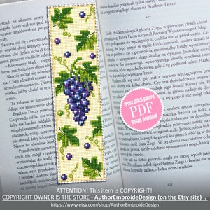 Patrón de punto de cruz de marcador de vid de uva Descargar PDF Gráfico de punto de cruz de frutas, Bordado de bayas de uvas, Patrón de marcador digital PDF #B143