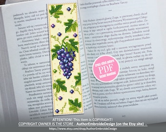 Grape vine bookmark cross stitch pattern PDF download Fruit cross stitch chart, Grapes berry embroidery, Digital bookmark pattern PDF #B143